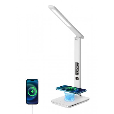KINGFISHER Stolní lampa, těleso plast, imitace kůže bílá, LED 8,5W, 450lm, dotyk. CCT nastav teplota 2700K--5500K, stmív., 12V, IP20, 182x139x360mm, bezdrátové nabíjení telefonu, USB QI 10W