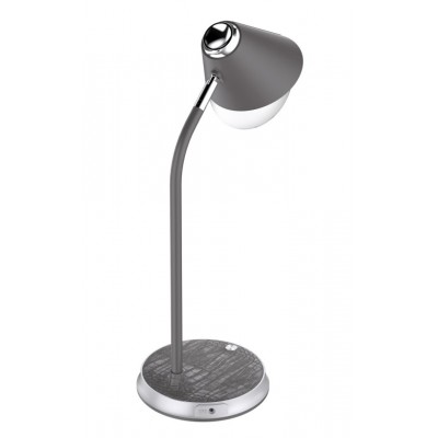 FINCH Stolní lampa, kov, šedá se stříbrnými detaily, LED 9W, 450lm, dotyk. CCT nastav teplota 3000K- denní 6000K, stmív. ve 3 krocích, 12V, IP20, 128x120x425mm, bezdrátové nabíjení tel, USB Qi 10W