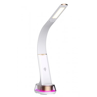 CORELLA Stolní lampa, kov, plast, bílá se zlatými detaily, LED 7W, 450lm, dotyk. CCT nastav teplota 3000K- denní 6000K, stmív. ve 3 krocích, RGB, 12V, 568x99,7x134,7mm, bezdrát nabíjení USB Qi 10W, USB port