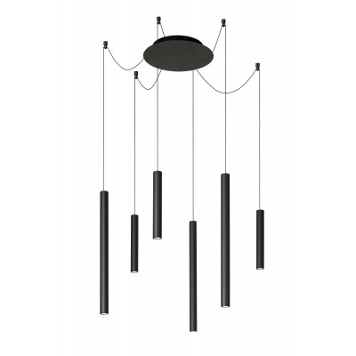 LORENZ Závěsné svítidlo, těleso kov, povrch černá mat/saténová měď, LED 6x4W, 6x100lm, teplá 3000K, stmívatelné DIM, 230V, IP20, rozměry hlavice: d=34mm, h=250mm/495mm, vč. závěs kabelu h=1300mm, lze zkrátit.