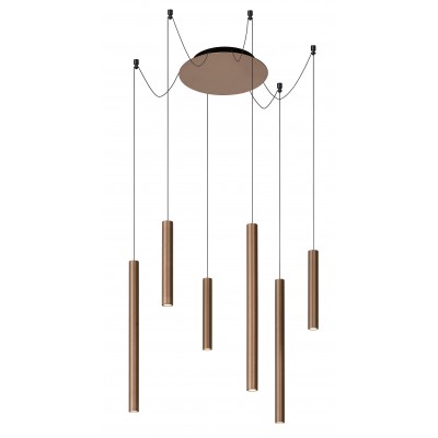 LORENZ Závěsné svítidlo, těleso kov, povrch saténová měď, LED 6x4W, 6x100lm, teplá 3000K, stmívatelné DIM, 230V, IP20, rozměry hlavice: d=34mm, h=250mm/495mm, vč. závěs kabelu h=1300mm, lze zkrátit.