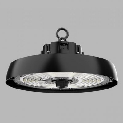 HBAY Závěsné průmyslové svítidlo, těleso hliník, černá, dif plast, nast. LED 100W-200W, 16500lm-300000lm, neutr 4000K, Ra80, stmív 0-10V, vyzař. úhel 90°, IK10, 230V, IP65, rozměry d=310mm, h=134mm.