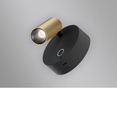 ELFY Nástěnná bodová lampa, základna hliník, povrch černá a zlatá, LED 3,5W, 210lm, teplá 2700K, Ra90, 230V, IP20, rozměry d=85mm, základna obsahuje USB připojení vč dotyk vypínače