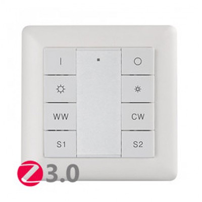 - Nástěnný ovladač ZigBee 3.0, pro smart osvětlení  fce zap/vyp, stmívání, nastavení teploty světla CCT, pro 4 skupiny, rozměry 80x80x10mm, napájení baterie, dosah až 30m