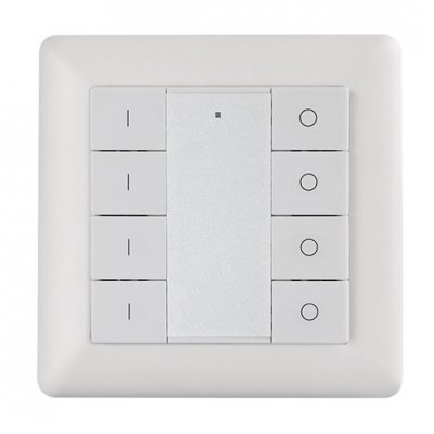 - Nástěnný ovladač ZigBee 3.0, pro smart osvětlení  fce zap/vyp, stmívání, pro 4 kanály, rozměry 80x80x10mm, napájení baterie 3V CR2450, dosah až 30m
