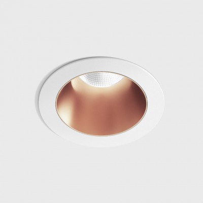 BASTOG R BI 8W IP44 Stropní, podhledové, bodové svítidlo, těleso hliník, povrch rámeček bílá, komínek měděná, LED 8W, 640lm, teplá 2700K, vyzař. úhel 50°, UGR<19, 230V, IP44, rozměry d=48mm, h=67mm.