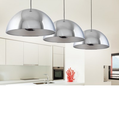 DOME Závěsné svítidlo, těleso kov, povrch chrom lesk, vnitřní bílá, clona chrom, pro žárovku 1x60W, E27, 230V, IP20, d=360mm, h=200mm, závěs l=1500mm, lze zkrátit
