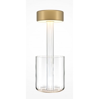 INCLINO TL 3W Stolní lampa, základna sklo čiré, těleso kov, povrch zlatá, difuzor plast opál, LED 3W, 120lm, teplá 3000K, stmívání, napájení USB baterie, IP20, tř.3, rozměry d=120mm, h=348mm.