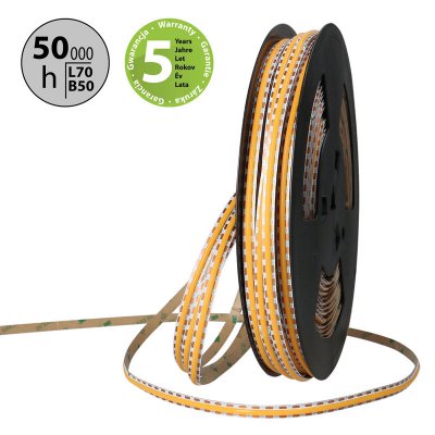 LED pásek COB, 480LED/m, 12W/m, 24V LED pásek LED pásek, těleso plast, povrch bílá, COB 480LED/m, 12W/m, 1080lm/m, teplá 2700K/3000K nebo neutrální 4200K, vyzař úhel 150°, Ra90, 24V, w=8mm, l=5000mm, dělitelnost 8,33mm, cena za 1m