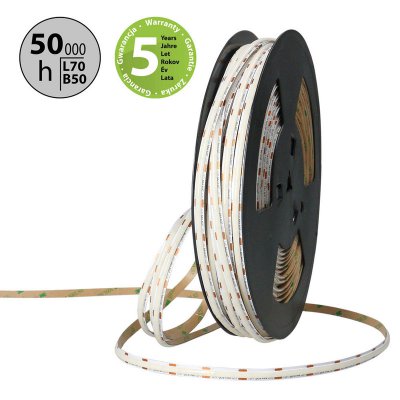 LED pásek COB, 320LED/m, 16,8W/m, 24V LED pásek LED pásek, těleso plast, povrch bílá, COB 320LED/m, 16,8W/m, 2184lm/m, neutrální 4200K, vyzař úhel 150°, Ra90, 24V, IP20, w=8mm, l=5000mm, dělitelnost 25mm, cena za 1m