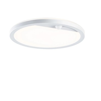 LAMINA Stropní nebo nástěnné venkovní svítidlo, nepřímé svícení, PIR senzor pohybu, záběr 90°, dosah 2-6m, těleso plast bílá, dif plast opál, LED 14,5W, 1200lm, teplá 3000K, 230V, IP44, d=280mm, h=47mm.