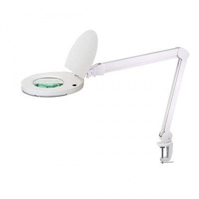 CLOSE Stolní lampa, flexibilní rameno, materiál plast, povrch bílá, sklo čiré s lupou 3x zvětšení, LED 12W, teplá 3000K, 1050lm, stmívatelné, 230V, IP20, rameno 470x400mm, vypínač na tělese, úchyt svěrka.