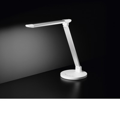 HAL Stolní lampa, nastavitelný směr svícení, těleso plast a hliník, povrch bílá, difuzor plast opál, LED 7W, denní 5000K, 600lm, stmívatelné, 230V, IP20, rozměry rameno: 440x360mm, vypínač na tělese.