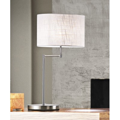 ROUND HOTEL Stolní lampa, otočné rameno, těleso kov, povrch chorm broušený, stínítiko textil bílá, pro žárovku 1x40W, E27, 230V, IP20, rozměry d=300mm, h=640mm.