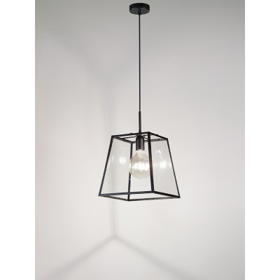 TECA Závěsné svítidlo, těleso kov, povrch černá mat, stínítko sklo čiré, pro žárovku 1x60W, E27, 230V, IP20, rozměry 300x300x300mm, vč závěs kabelu  l=1500mm, lze zkrátit.