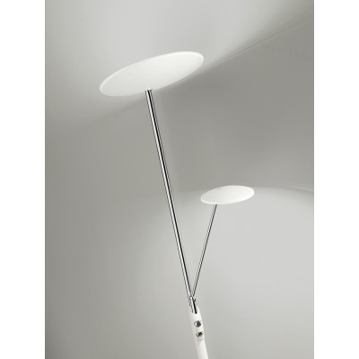 MIRANDA Stojací lampa, nastavitelný směr svícení, těleso kov, povrch bílá mat a chrom lesk, difuzor plast opál, LED 28W, 2380lm, + 5W, 425lm, teplá 3000K, stmívatelné, 230V, IP20, rozměry d=270mm, h=1830mm.