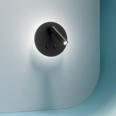 PLUG Nástěnné svítidlo, nastavitelný směr svícení, těleso kov, povrch černá mat, difuzor plast opál, LED 6W, 346lm + 3W,150lm, teplá 3000K, rozměry d=150mm.