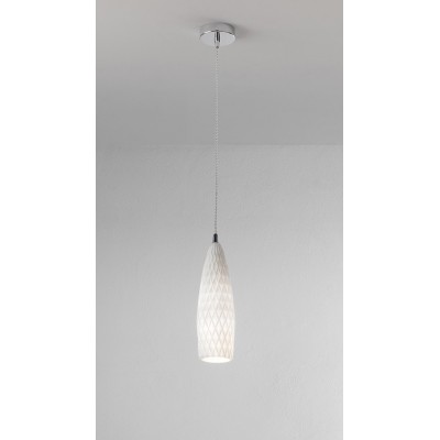 METEORA Závěsné svítidlo, základna kov, povrch chrom lesk, stínítko sklo bílá, pro žárovku 1x60W, E27, 230V, IP20, rozměry: d=110mm, h=330mm, vč závěs lanka h=1500mm, lze zkrátit.
