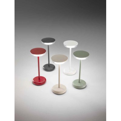 SOAP Stolní lampa na baterie, těleso kov a plast, bílá/tm. šedá/černá/červená/písková/šedozelená, dif plast opál, LED 2W, 188lm, teplá 3000K, dotyk stmív., IP44, tř.3, rozměry d=110mm, h=260mm, nabíjecí baterie 3,7V.