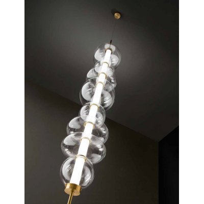 BUBBLES Stropní svítidlo, těleso hliník, povrch broušená zlatá, dif plast opál, krycí sklo čiré, LED 37W, 2960lm, teplá 3000K, dotyk stmív, 230V, IP20, tř.3, rozměry d=200mm, h=1125mm, upevnění k zemi.
