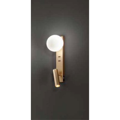 FOG Nástěnné svítidlo, nast. směr svícení, těleso kov, povrch zlatá broušená, dif sklo opál, pro žárovku 1x9W, G9, + LED 3W, 240lm, teplá 3000K, Ra90, IP20, tř.1, rozměry 280x45x125mm, vč. USB připojení.