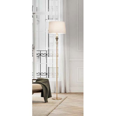 ABACO Stojací lampa, základna kov povrch broušený mosaz s keramickými prvky, stínítko textil bílá, pro žárovku 1x40W, E27, 230V, IP20, tř.1, rozměry stínítko: d=400mm, h=250mm, lampa: h=1700mm.