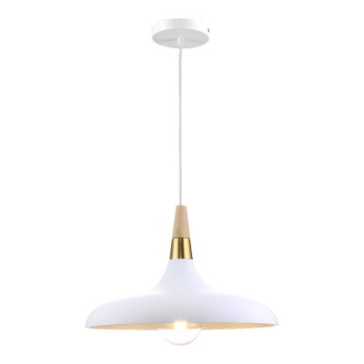 TRIER Závěsné svítidlo, těleso kov, povrch bílá mat s dřevěnými prvky, pro žárovku 1x40W, E27, 230V, IP20, tř.1, rozměry d=345mm, vč závěs kabelu l=1145mm, lze zkrátit.