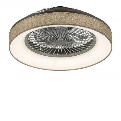 BENICIO Stropní ventilátor s osvětlením, těleso kov, stínítko textil šedá, LED 35W, CCT přepín teplota teplá 3000K - denní 6000K, 1050lm stmív.dálk. ovl., 230V, IP20, rozměry d=525mm, h=220mm.