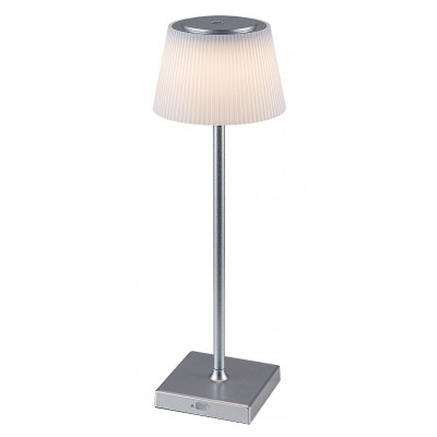 TAENA 4W, IP44, CCT, USB na baterie Stolní lampa, těleso kov, povrch stříbrná, stínítko plast bílá, LED 4W, přepín teplota CCT teplá 3000K, denní 5000K, 200lm, stmívatelné dotyk, IP44, tř.3, d=130mm, h=380mm, vč kable s USB konektorem.