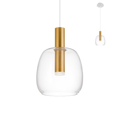 CANDELA Závěsné svítidlo, těleso hliník/kov, povrch zlatá, stínítko sklo čiré,  LED 6,6W, 470lm, teplá 3000K, Ra80, 230V, IP20, rozměry  d=160mm, h=231mm, vč.záv.kabelu h=1400mm, lze zkrátit
