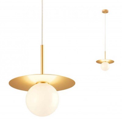 PLATO Závěsné svítidlo, těleso kov, povrch zlatá, difuzor sklo opál, pro žárovku 1x42W, E27, 230V, IP20, tř.1, rozměry d=400mm, vč. závěs kabelu l= 1225mm, lze zkrátit.