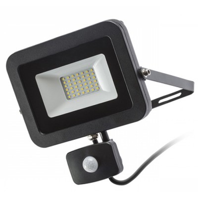 PONTA-SENSOR-LED Venkovní svítidlo reflektor světlomet se senzorem pohybu PIR, záběr 160°, dosah až 10m, těleso kov lak černá mat, kr sklo čiré, LED 1x30W, teplá 3000K, 2700lm, 230V, IP54, tř.1. rozměry 195x265x30mm