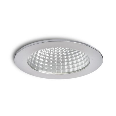 MAYDAY B VÝPRODEJ Stropní, vestavné, bodové, svítidlo, těleso hliník, povrch hliník leštěný, sklo čiré, LED 15W, teplá 2700K, 600lm, Ra80, vč trafa 230V/700mA na kabelu, IP20, rozměry d=140mm, h=12