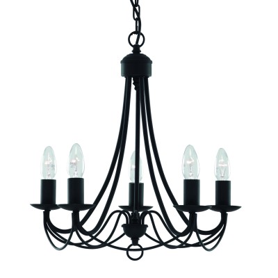 MAYPOLE Závěsné svítido, základna kov, těleso kov, povrch lak černá mat, pro žárovku 5x10W, E14, 230V, IP20, tř.1. 5 ramen, rozměry těleso d=470mm h=460mm, vč závěsu l=980mm, lze zkrátit