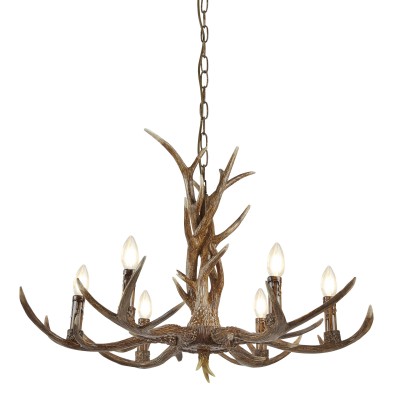 STAG Lustr imitace paroží, materiál pryskyřice, povrch lak hnědá zašlá, pro žárovku 6x7W, E14, 230V, IP20, tř.1. 6 ramen, rozměry d=800mm h=520mm, včetně závěsu l=1120mm, lze zkrátit