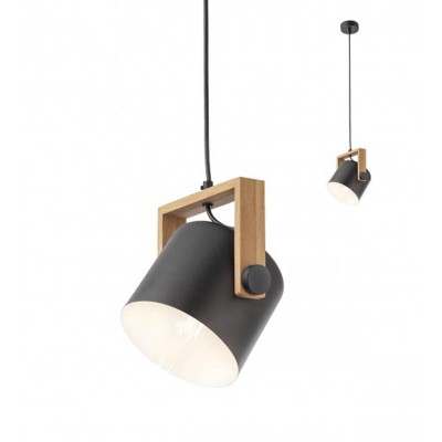 POOH Závěsné bodové svítidlo, nastavitelný směr svícení, těleso kov, povrch černá a dřevo světlé, pro žárovku 1x42W, E27, 230V, IP20, tř.1, rozměry d=160mm, h=206mm, vč závěs kabelu l=1265mm, lze zkr.