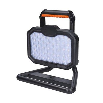 LED reflektor Montážní lampa, přenosný reflektor, plast, oranžovočerná, LED 20W, neutrální 4000K, 3st stmívání - 100%/50%20%, napájení akumulátor Li-lon, výdrž 2-10 hod, USB dobíjení, IP54, 200x240x65mm.