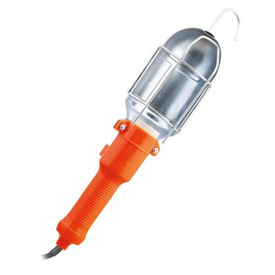WM18 Montážní lampa s mřížkou, těleso kov a plast, stříbrná-oranžová, pro žárovku 1x60W, E27, 230V, háček na zavěšení, vypínač na tělese, délka kabelu 5m.