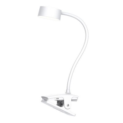 WO3001 Stolní lampa se skřipcem, nastav. směr svícení, husí krk, těleso plast bílá, dif plast opál, LED 2W, 210lm, dotyk. CCT nastav teplota 3000K-6500K, dotyk stmív., USB napájení, IP20, 350x120x76mm.
