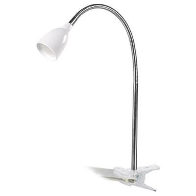 LED LAMP VÝPRODEJ Stolní lampa, flexibilní rameno, husí krk, nastav směr svícení, materiál kov/plast, povrch chrom/bílá, LED 2,5W, 170lm, teplá 3000K, 230V, IP20, tř.1, rozměry 410x160mm, uchycení pomocí kl