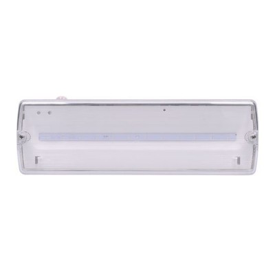 LED nouzové Nouzové svítidlo, výdrž baterie LiFePo4 >3h, těleso plast bílá, kryt plast čirý, LED 4W, 200lm, denní 6500K, Ra80, 230V, IP65, rozměry 352x110x67mm.