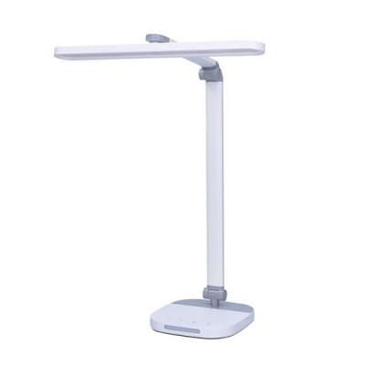 LED lampička Stolní lampa s nočním světélkem, vyklápěcí a natáčecí rameno, těleso plast, povrch bílá a šedá, LED 10W, 800lm, CCT nastav teplota 3000K-6000K, stmív., napájení přes USB, IP20, 450x155x370mm.