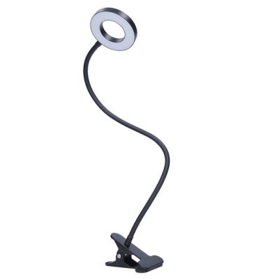 LED lampička Stolní lampa, nastav. směr svícení, husí krk, těleso kov, povrch černá, dif plast opál, LED 8W, 300lm, CCT nastav teplota 3000K-5000K, stmív., USB napájení, IP20, 630x110x90mm, vč. klipu.