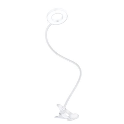 LED lampička Stolní lampa, nastav. směr svícení, husí krk, těleso kov, povrch bílá, dif plast opál, LED 8W, 300lm, CCT nastav teplota 3000K-5000K, stmív., USB napájení, IP20, 630x110x90mm, vč. klipu.