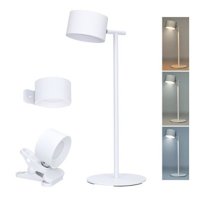 WO68 Lampička 3v1 - stolní/nástěnná/se skřipcem. těleso plast bílá, dif plast opál, LED 4W, 280lm, dotyk. CCT nastav teplota 3000K-6500K, stmív., USB napájení, 3,7V baterie Li-ion, 320x120x140mm