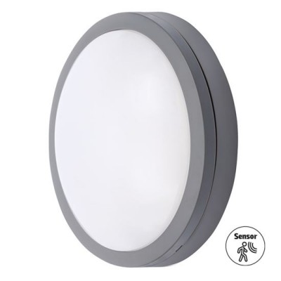 SIENA Stropní venkovní svítidlo, senzor pohybu HF, dosah 10m, čas 1min, těleso plast šedá, difuzor plast opál, LED 20W, 1500lm, neutrální 4000K, Ra80, 230V, IP54, rozměry d=230mm, h=73mm.