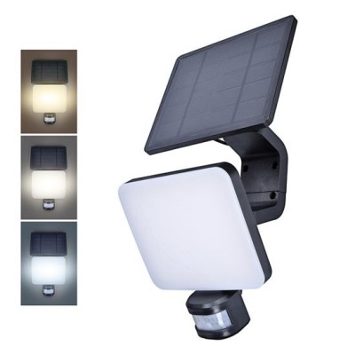 WO785-1 Nástěnné venkovní svítidlo, černá, PIR senzor pohybu, záběr 160°, dosah 8m, LED 11W, 1200lm, přepín CCT teplota teplá 3000K-denní 6000K, napájení solární panel, IP54, 160x185x40mm.