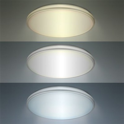WO796-797 Stropní svítidlo, těleso kov, povrch stříbrná, dif plast opál, LED 18W/1530lm, 24W/2150lm, přepín. CCT teplá 3000K - denní 6500K, 230V, zvýš. krytí IP54, rozměry dle typu.
