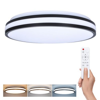 LASKOS Stropní svítidlo, těleso kov a plast, černá, dif plast opál, LED 48W, 3360lm, dálk ovl. (součástí) lze nastavit CCT teplá 3000K - denní 6500K, stmív, 230V, IP20, rozměry d=390mm, h=80mm.