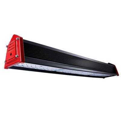 HIGHBAY Závěsné průmyslové svítidlo, těleso kov, povrch černá a červená, krycí plast čirý, LED 150W, 19500lm, denní 5000K, stmív. 1-10V, UGR<23, Ra80, vyzař. úhel 30°/70°, 230V, IP65, rozměry 722x138x116mm.